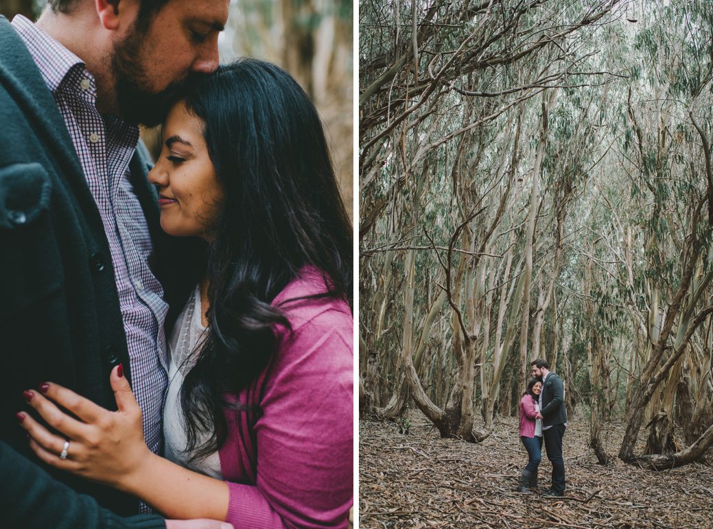 Engagement photo in eucalyptus trees