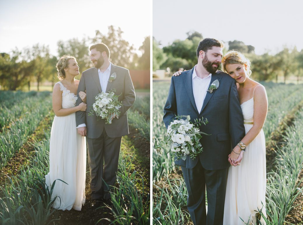 Bride and Groom in Field at Sunset