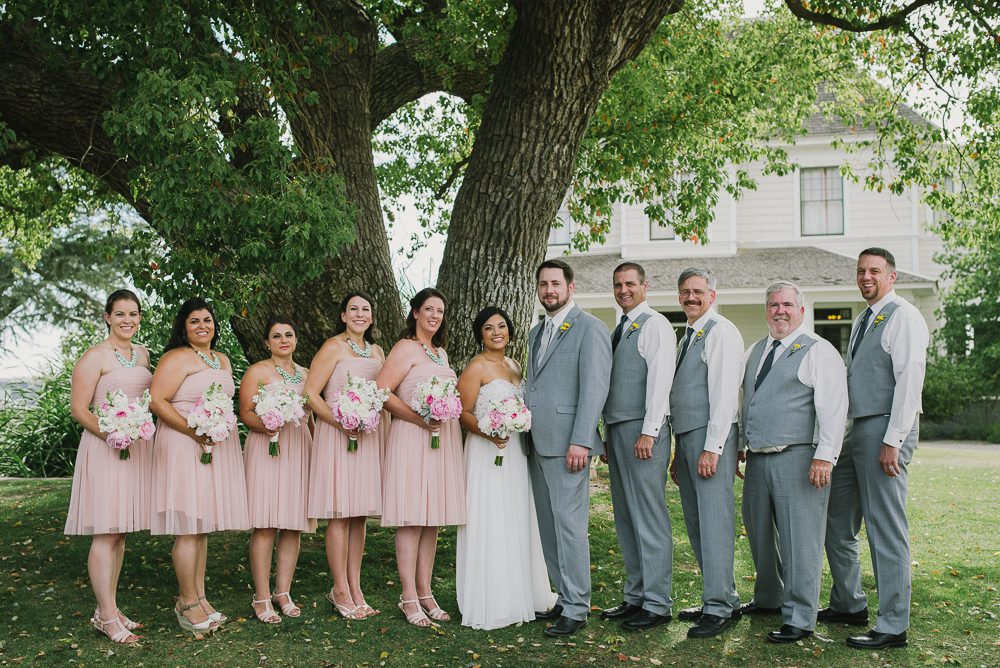 whole wedding party - pink dress and gray suits