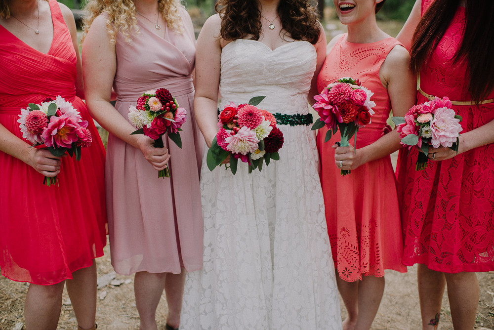 bridal wedding party flowers with pink dresses